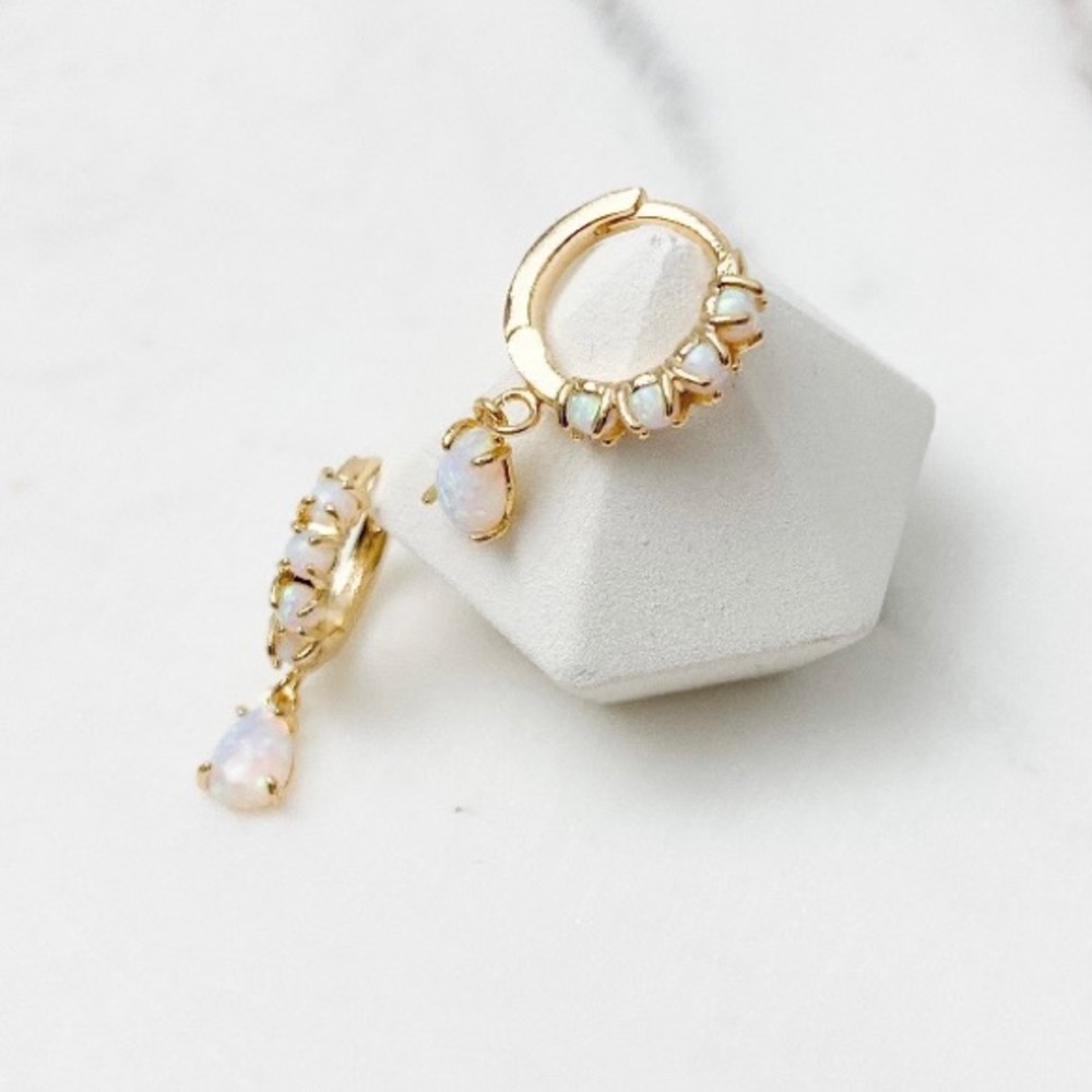 18K Yellow Gold Genuine Opal Teardrop Dangle Drop Huggie Hoop Earrings